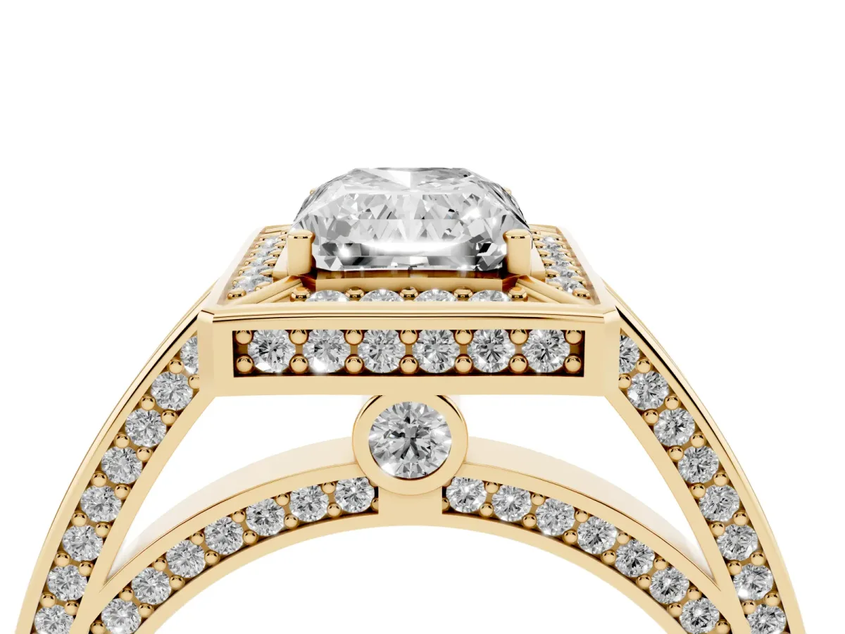 Radiant Cut Cut Halo Pave Split Shank Prong Setting Ring Yellow gold