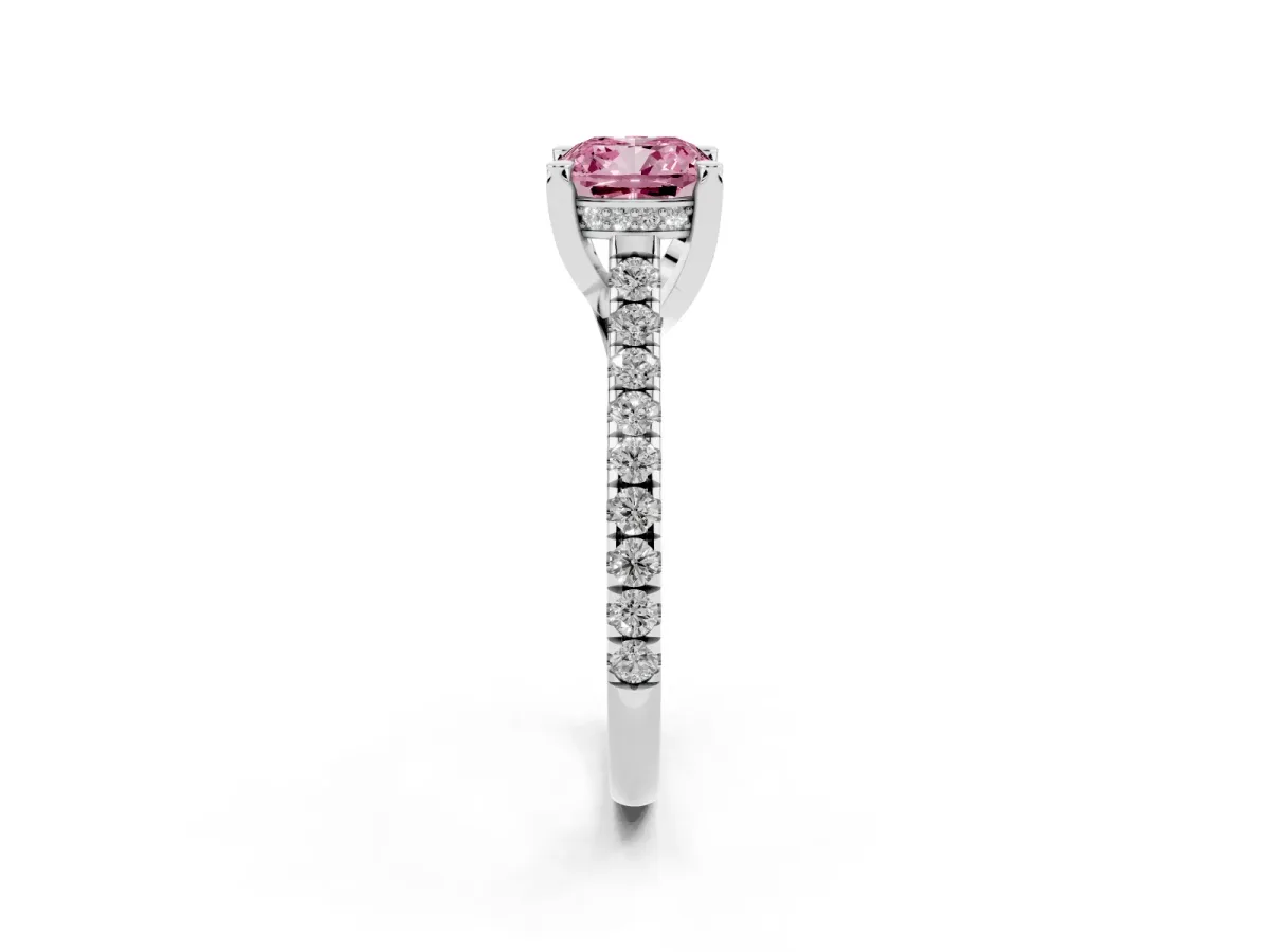 Fancy Pink Cushion Cut Brilliant Diamond Solitaire with Pavé Band and Four-Prong Setting White gold
