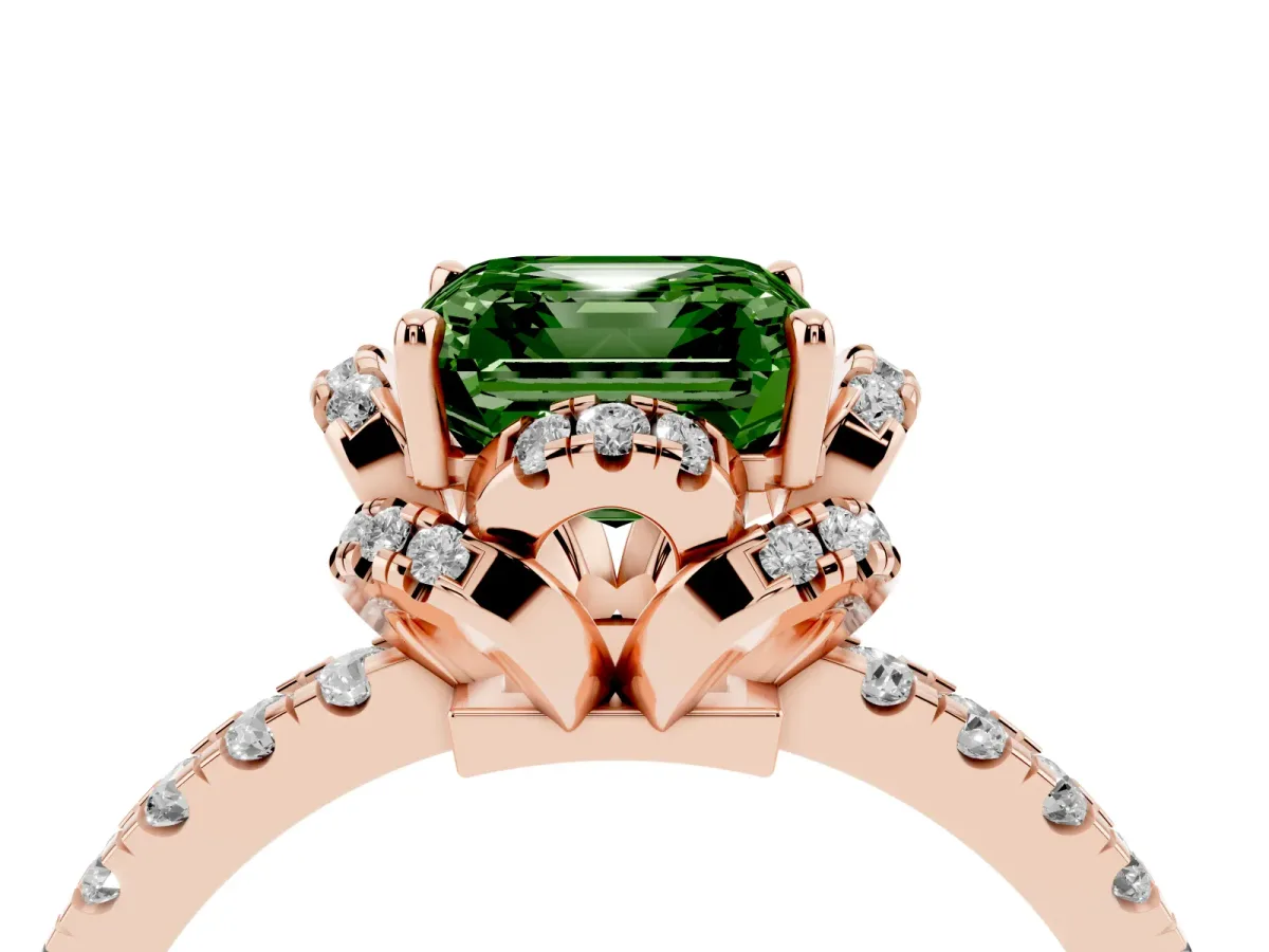 Fancy Green Asscher Cut Halo Diamond Pave Band Ring with Four-Prong Setting Rose gold