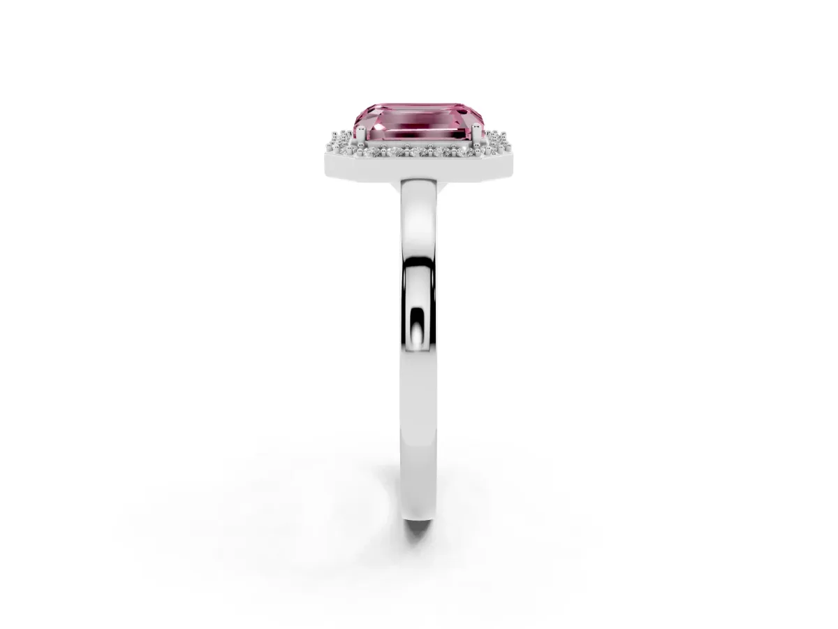 Fancy Pink Radiant Cut Halo Diamond Ring with Solitaire Band and Prong Setting Platinum