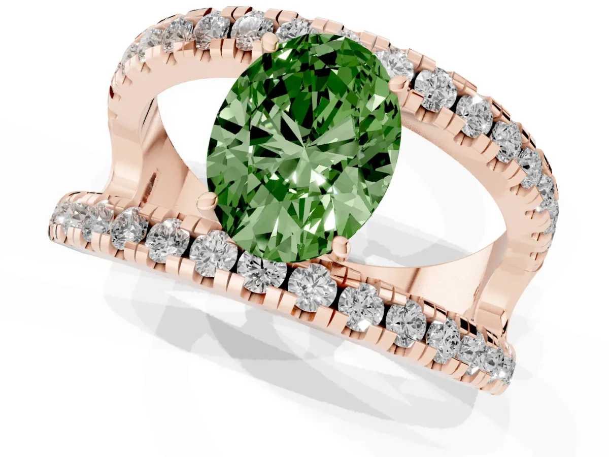 Fancy Green Oval Cut Solitaire Split Shank Pave Diamond Ring Rose gold