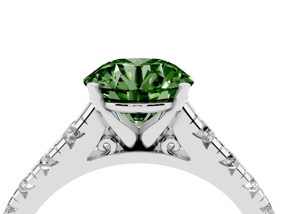 Fancy Green Round Cut Diamond Cathedral Solitaire Ring with Round Pavé Band Silver