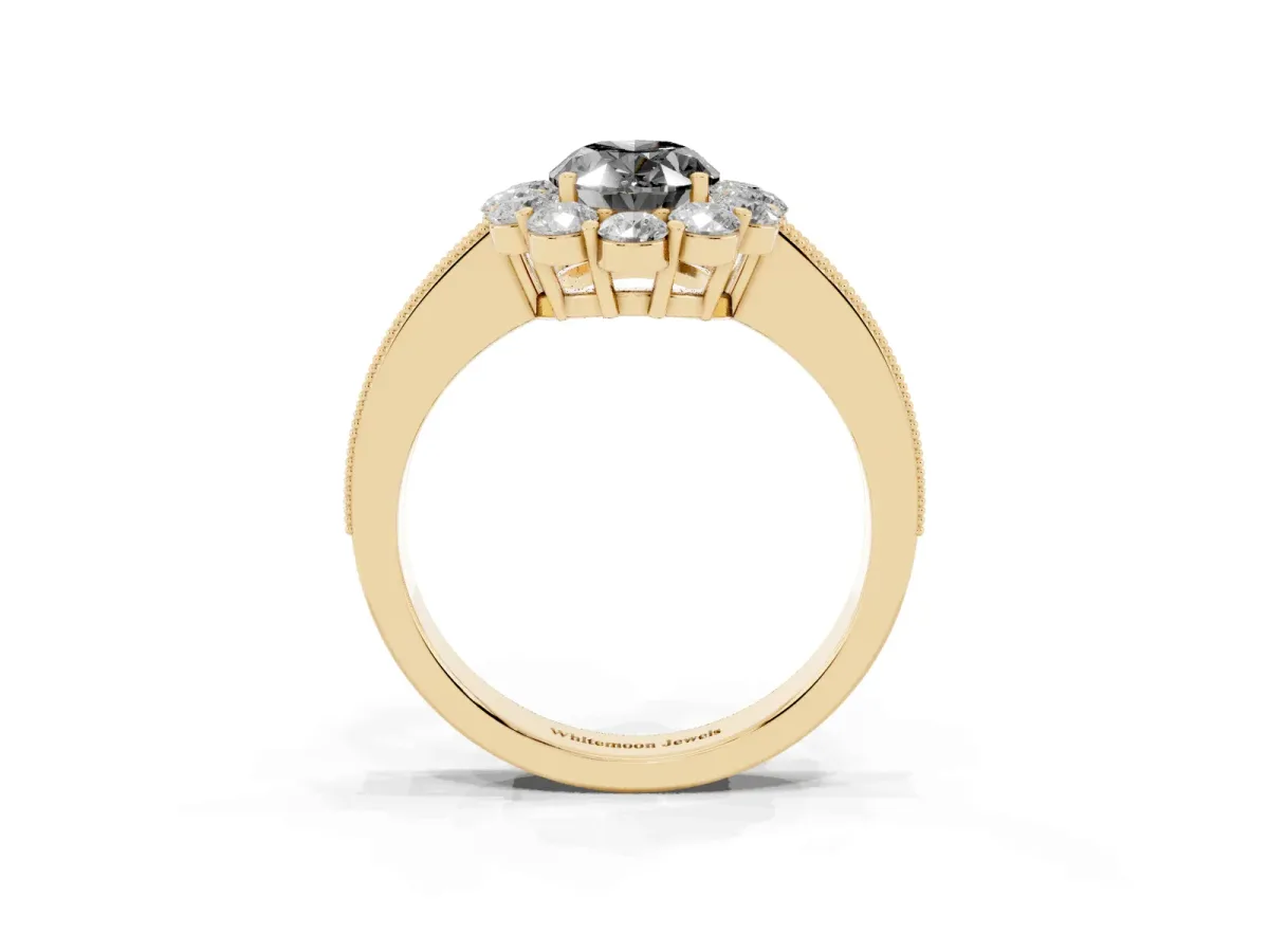 Fancy Black Oval Cut Cut Halo Diamond Pavé Engagement Ring with Milgrain Detailing Yellow gold