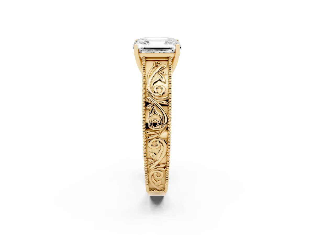 Asscher Cut Diamond Solitaire Ring with Engraved Band and Four-Prong Setting Yellow gold