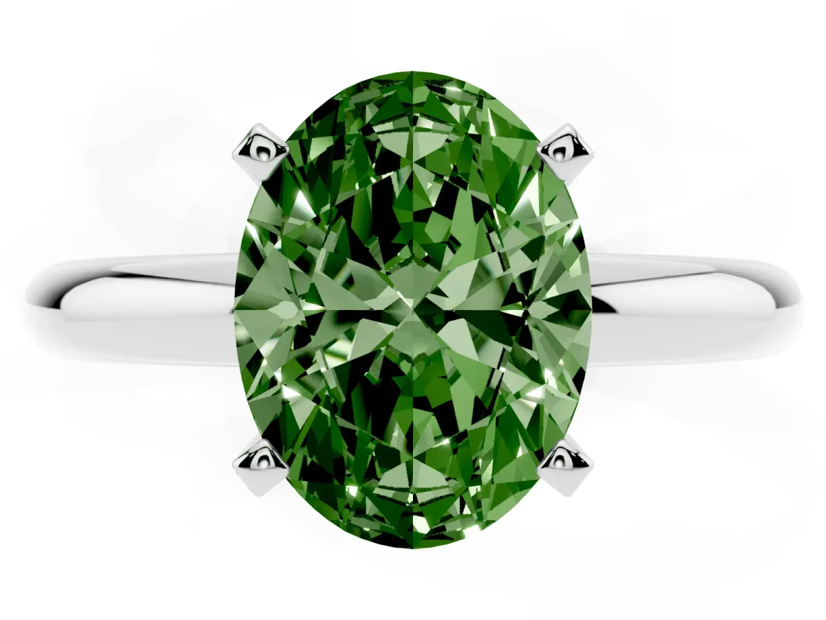 Fancy Green Oval Cut Diamond Solitaire Engagement Ring with Round Band and Four-Prong Setting Silver