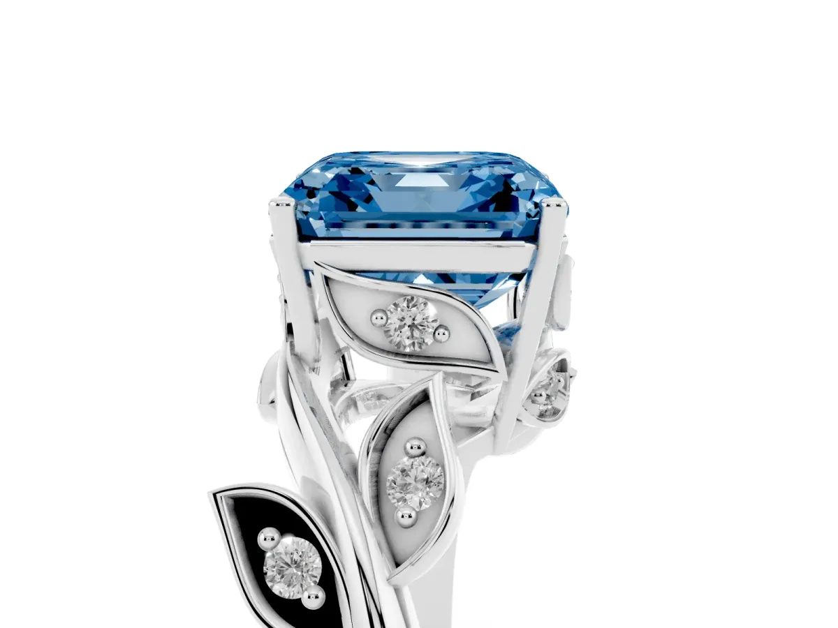 Fancy Blue Asscher Cut Solitaire Twist Engagement Ring with Leaf Accents and Prong Setting Silver