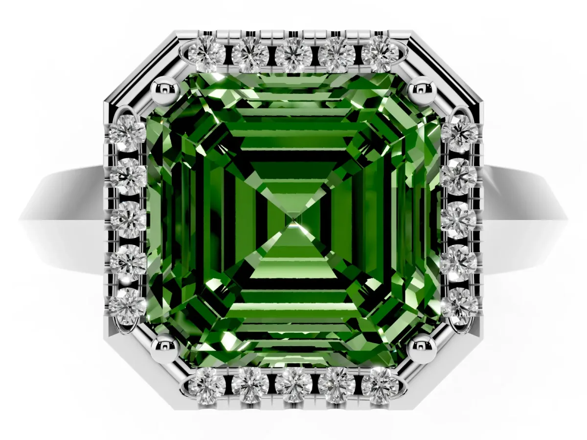 Fancy Green Asscher Cut Halo Diamond Ring with Cathedral Band and Four-Prong Setting White gold