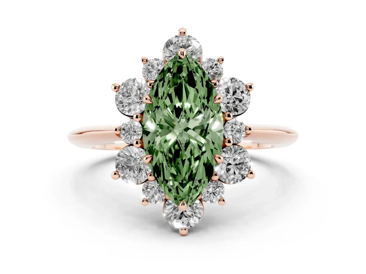 Fancy Green Marquise Cut Diamond Cluster Halo Ring with Solitaire Band and Four-Prong Setting Rose gold