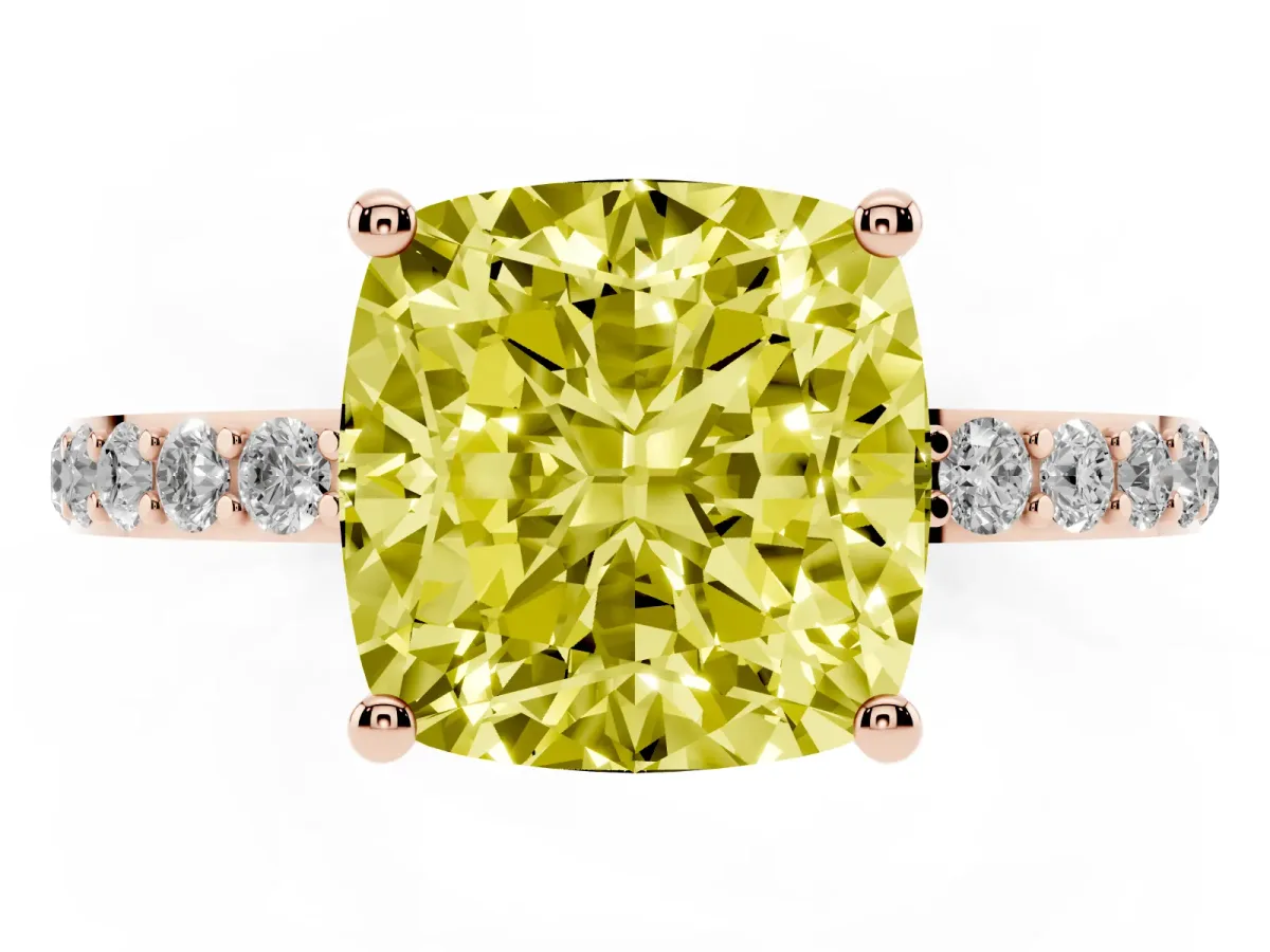 Fancy Yellow Cushion Cut Diamond Solitaire Ring with Round Pavé Shoulders and Prong Setting Rose gold