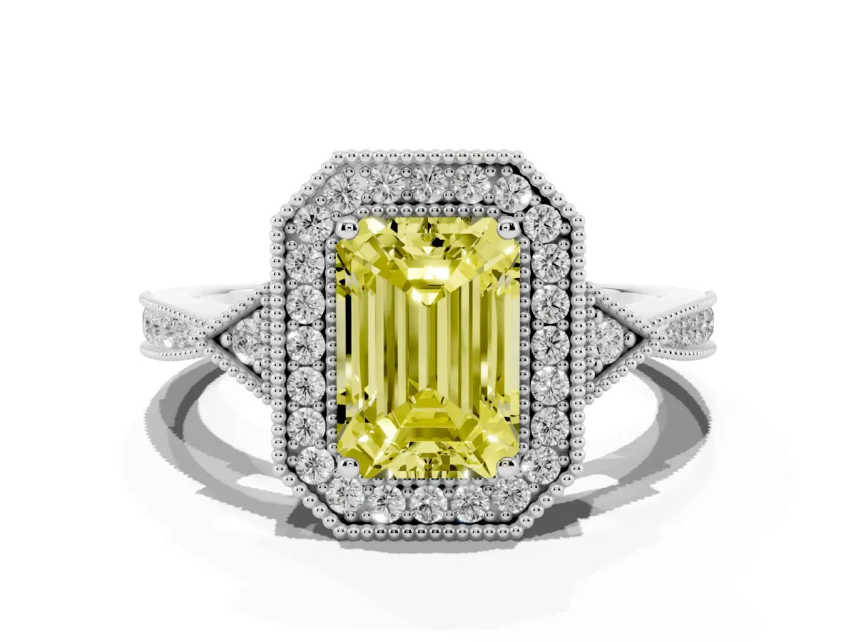 Fancy Yellow Emerald Cut Halo Round Diamond Milgrain Pave Engagement Ring Silver