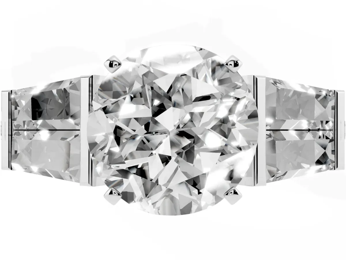 Round Cut Diamond Engagement Ring with Baguette Side Stones and Channel Set Band Silver