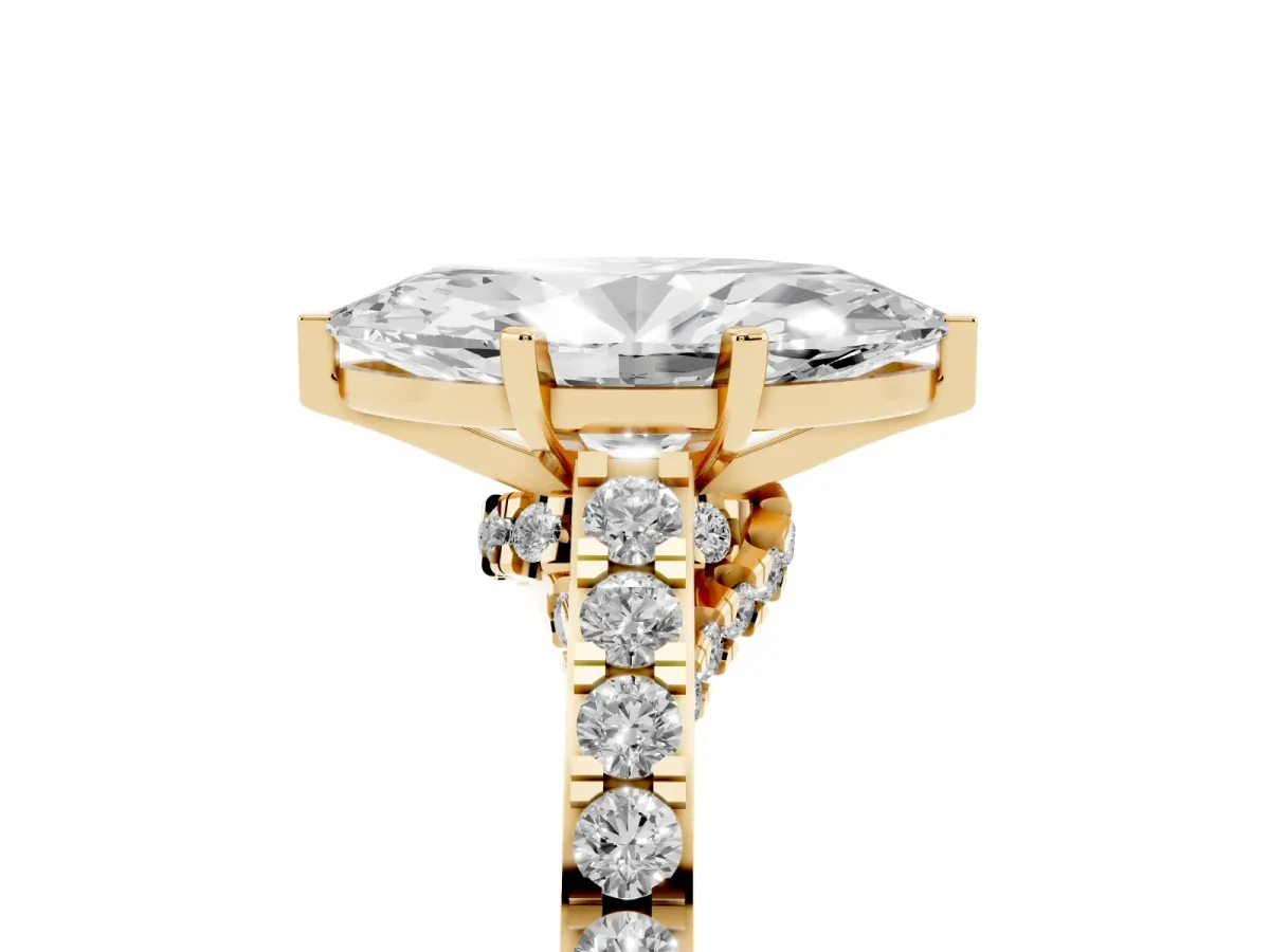 Marquise Cut Diamond Solitaire Ring with Crossover Gallery and Round Pavé Band Yellow gold