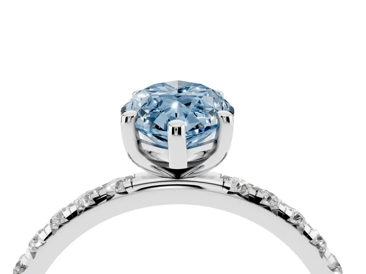 Fancy Blue Marquise Cut Cut Diamond Solitaire Ring with Micro Pave Band and Four Prong Setting Platinum