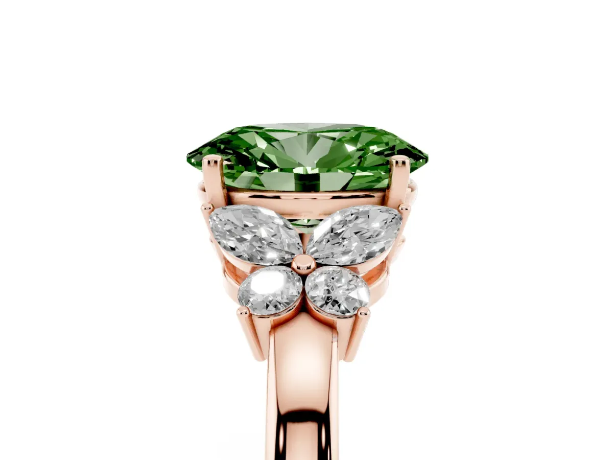 Fancy Green Oval Cut Cut Solitaire Floral Diamond Ring with Four-Prong Setting Rose gold