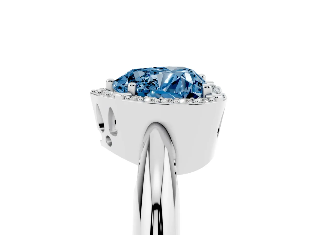 Fancy Blue Heart Cut Cut Diamond Halo Engagement Ring with Split Shank and Four-Prong Setting Silver