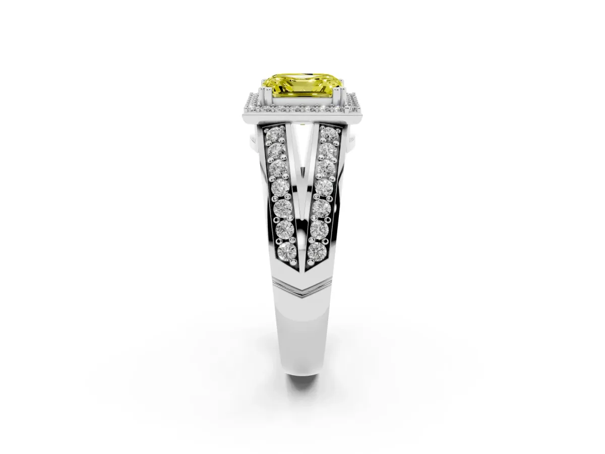 Fancy Yellow Asscher Cut Diamond Halo Ring with Split Shank Pavé Band and Four-Prong Setting Silver