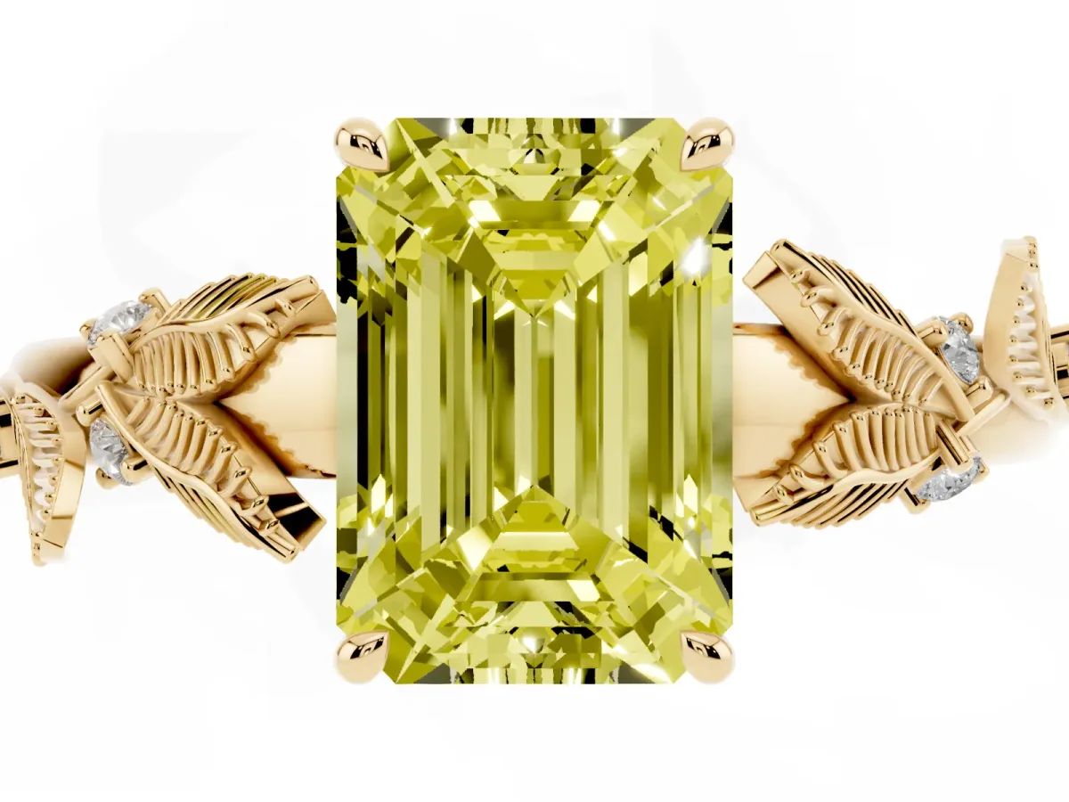 Fancy Yellow Emerald Cut Diamond Solitaire Ring with Leaf Motif Band and Four-Prong Setting Yellow gold