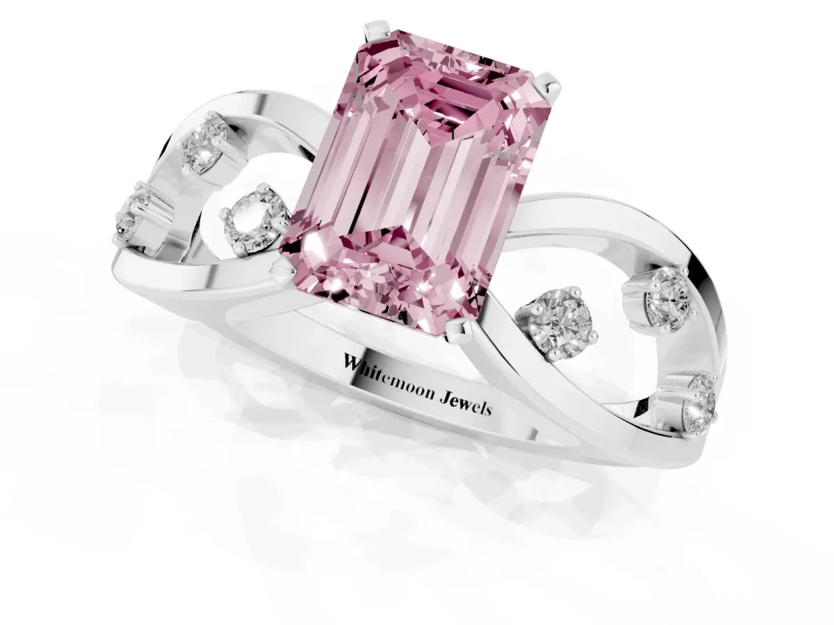 Fancy Pink Emerald Cut Cut Solitaire Diamond with Side Stones on Criss-Cross Band and Four-Prong Setting Silver