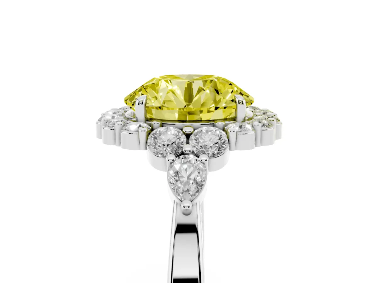 Fancy Yellow Round Cut Diamond Halo Ring with Pear Side Stones and Prong Setting Silver