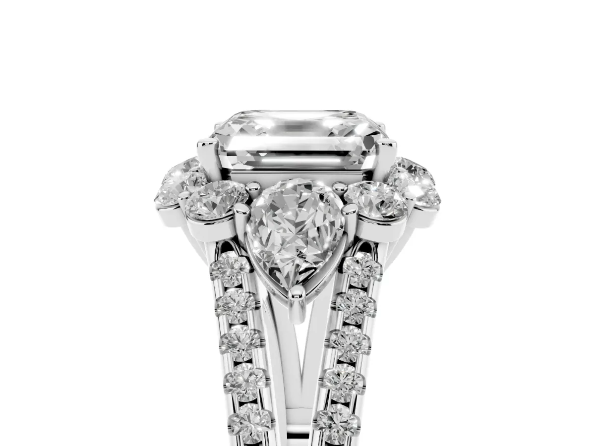 Asscher Cut Halo Split Shank Diamond Engagement Ring with Prong Setting Platinum