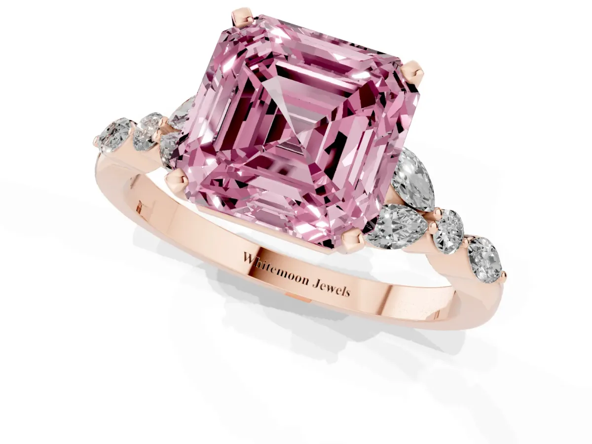 Fancy Pink Asscher Cut Diamond Solitaire Ring with Side Stones and Four-Prong Setting Rose gold
