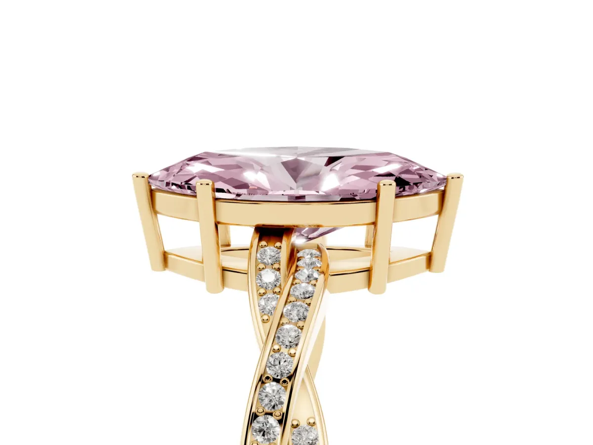Fancy Pink Marquise Cut Solitaire Twisted Pave Diamond Ring with Four-Prong Setting Yellow gold