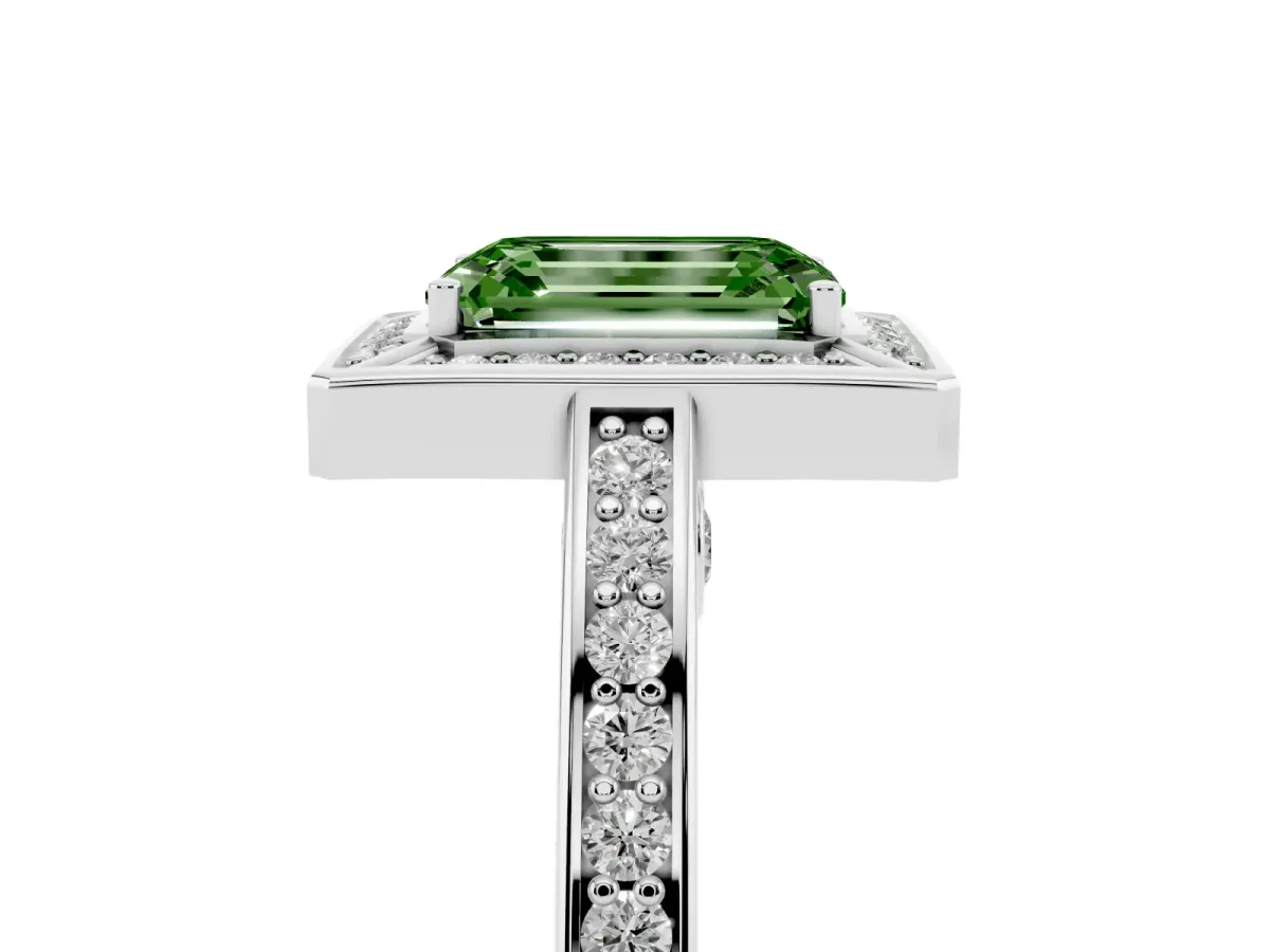 Fancy Green Emerald Cut Cut Halo Pave Split Shank Prong Setting Ring Silver