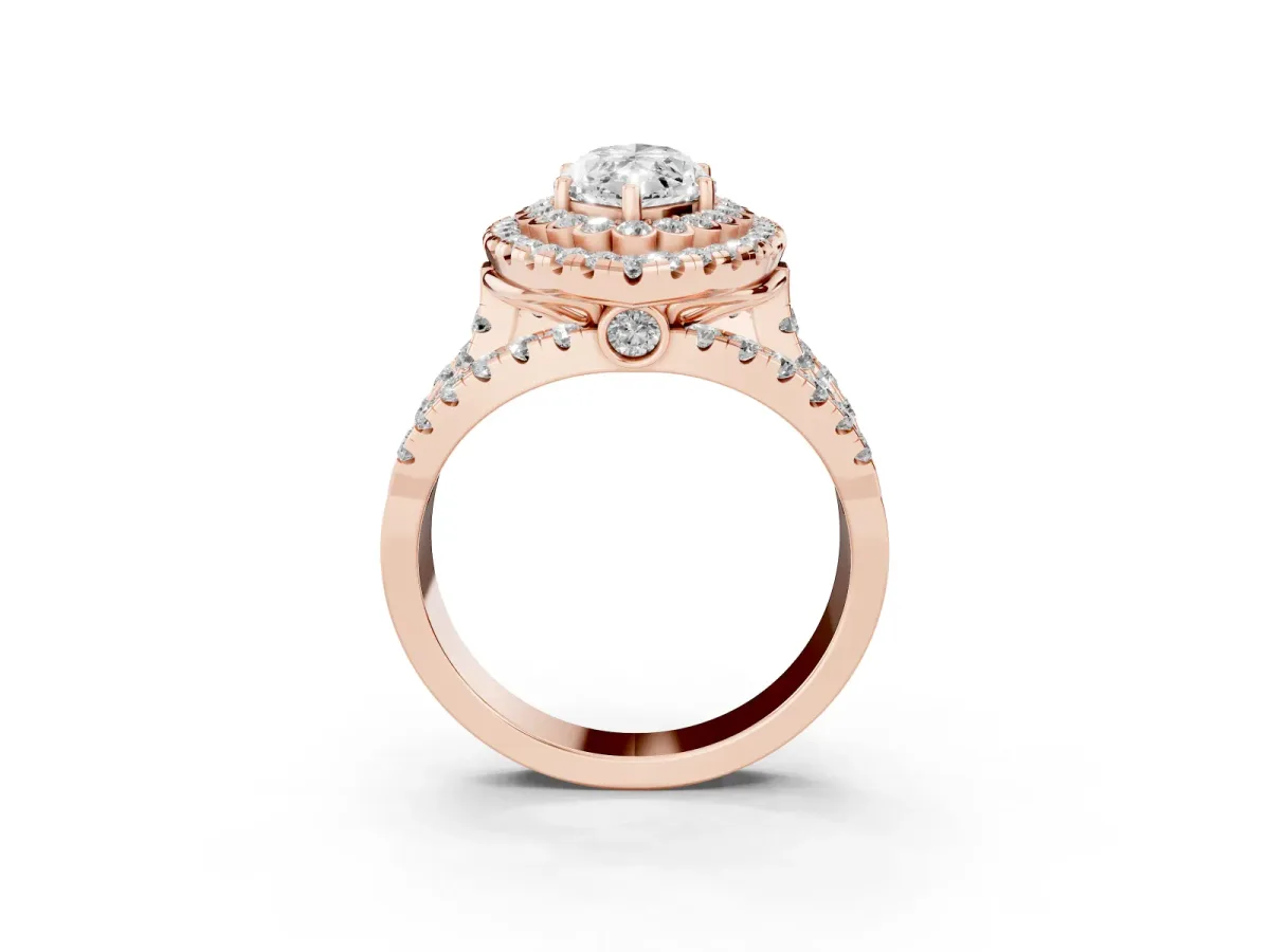 Marquise Cut Diamond Double Halo Ring with Round Pavé Split Shank and Prong Setting Rose gold