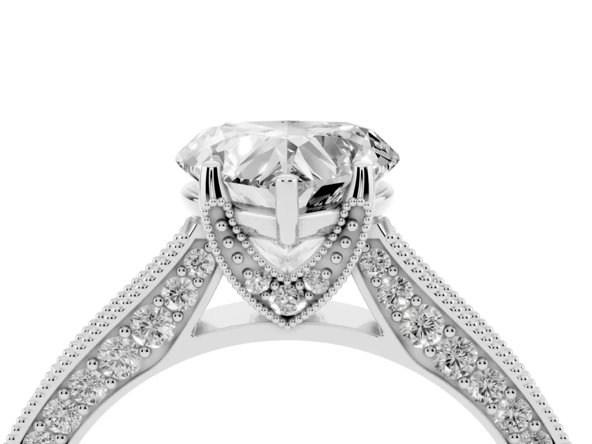 Heart Cut Cut Diamond Solitaire Ring with Milgrain Pave Band and Four Prong Setting Silver
