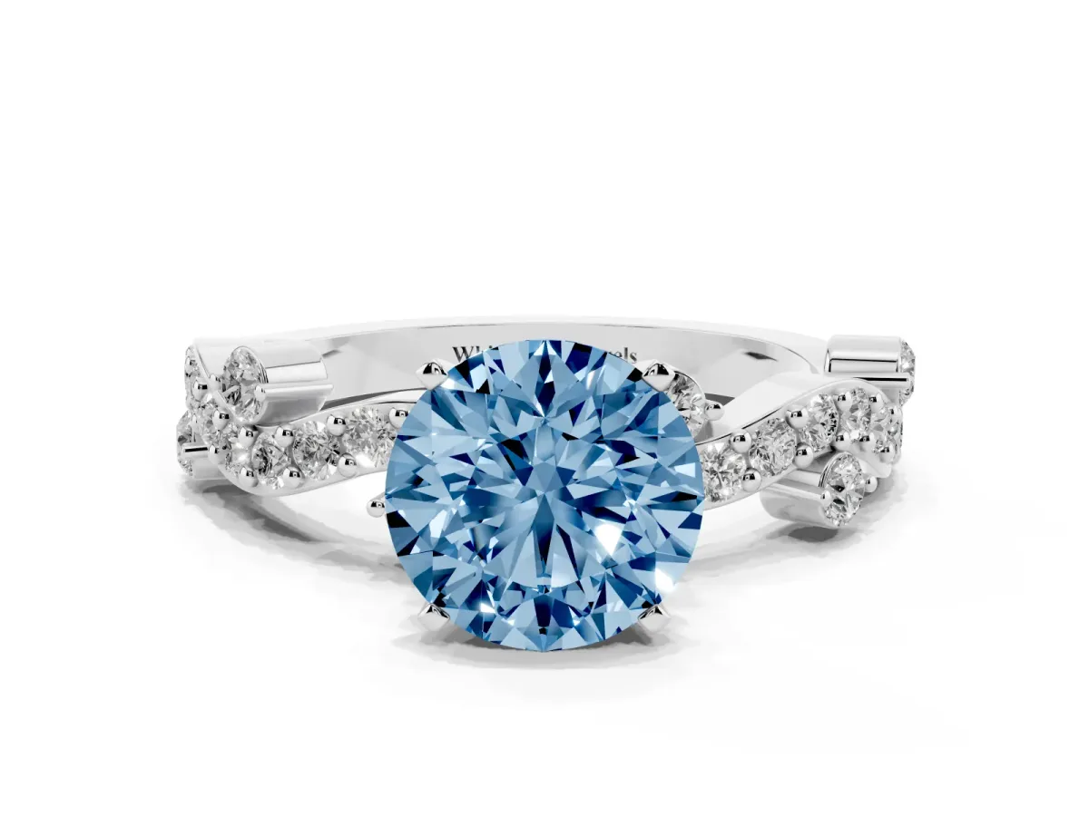 Fancy Blue Round Cut Cut Solitaire Diamond Twisted Band with Pave Setting White gold