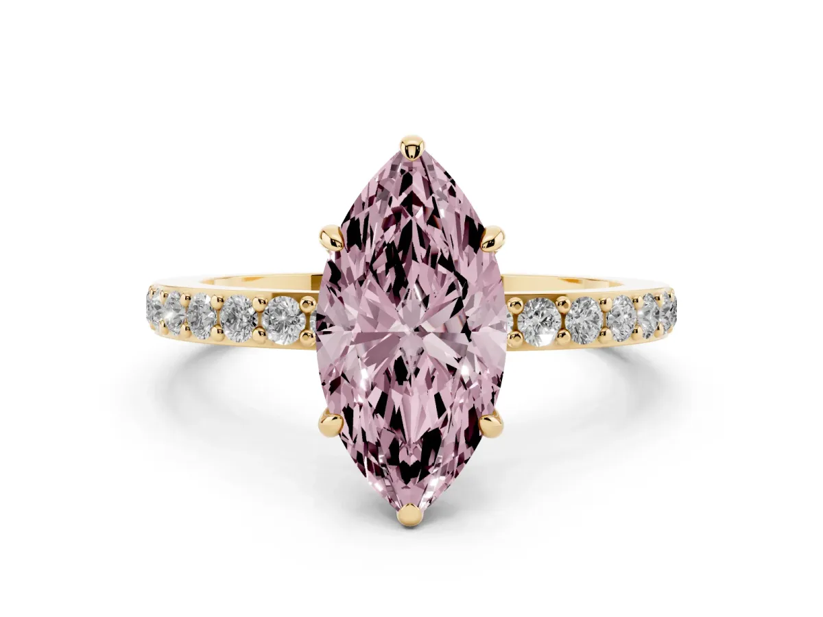 Fancy Pink Marquise Cut Diamond Pavé Engagement Ring with Round Accents and Prong Setting Yellow gold
