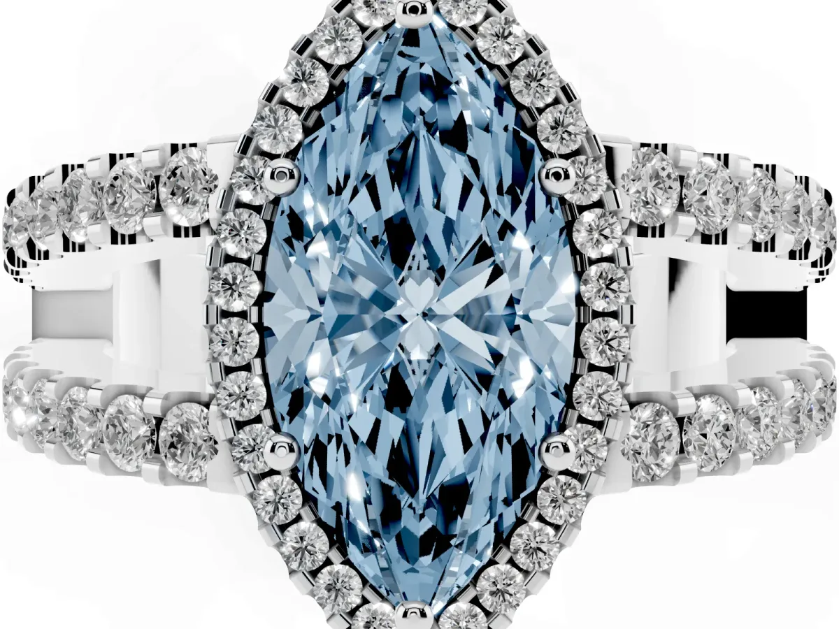 Fancy Blue Marquise Cut Cut Halo Split Shank Diamond Ring with Four-Prong Setting Platinum