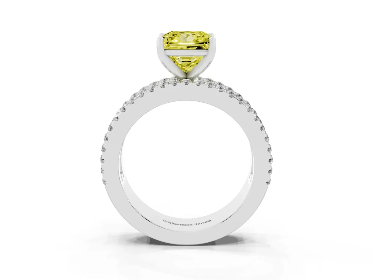 Fancy Yellow Princess Cut Diamond Solitaire Ring with Pavé and Channel Set Band Silver