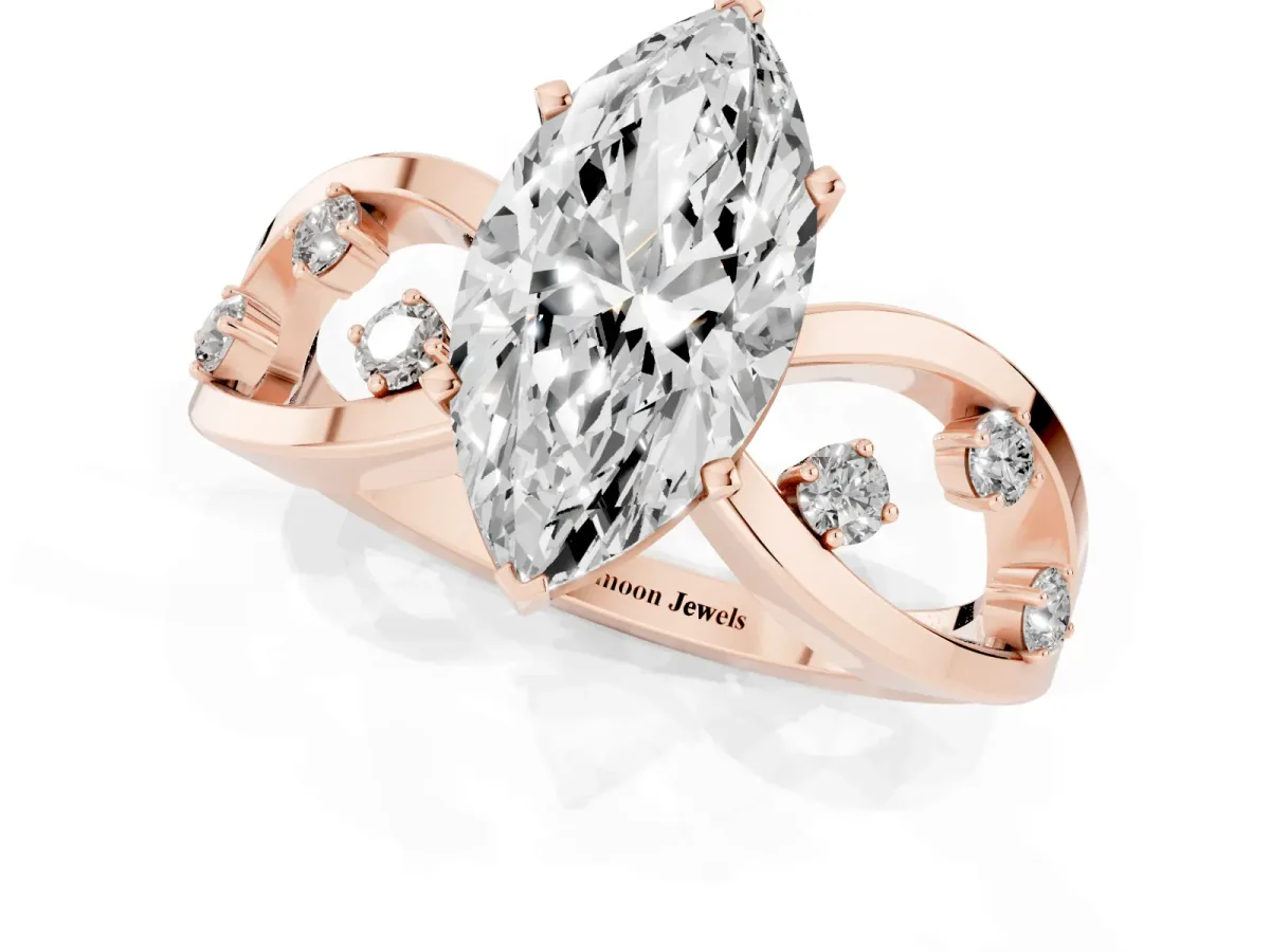 Marquise Cut Cut Solitaire Diamond with Side Stones on Criss-Cross Band and Four-Prong Setting Rose gold