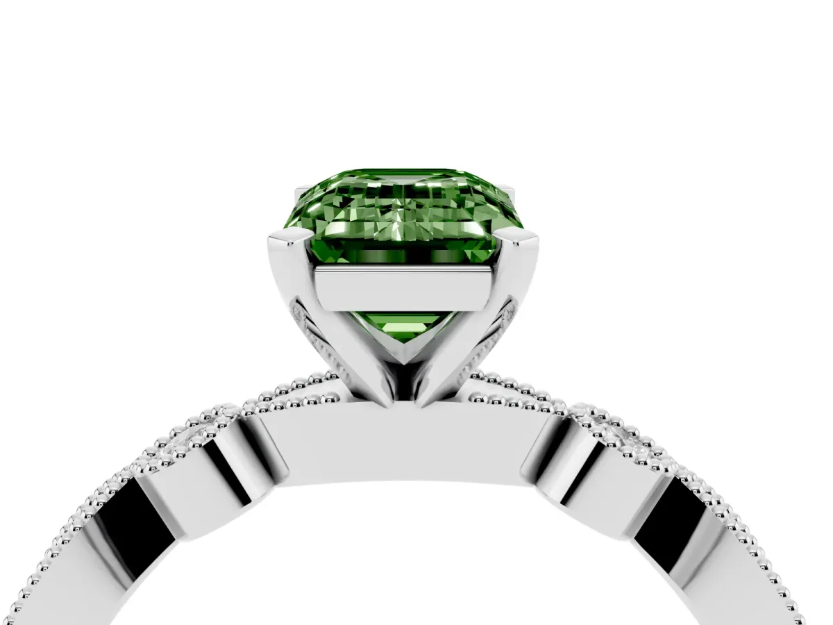 Fancy Green Emerald Cut Milgrain Bezel Diamond Engagement Ring with Solitaire Prong Setting Silver