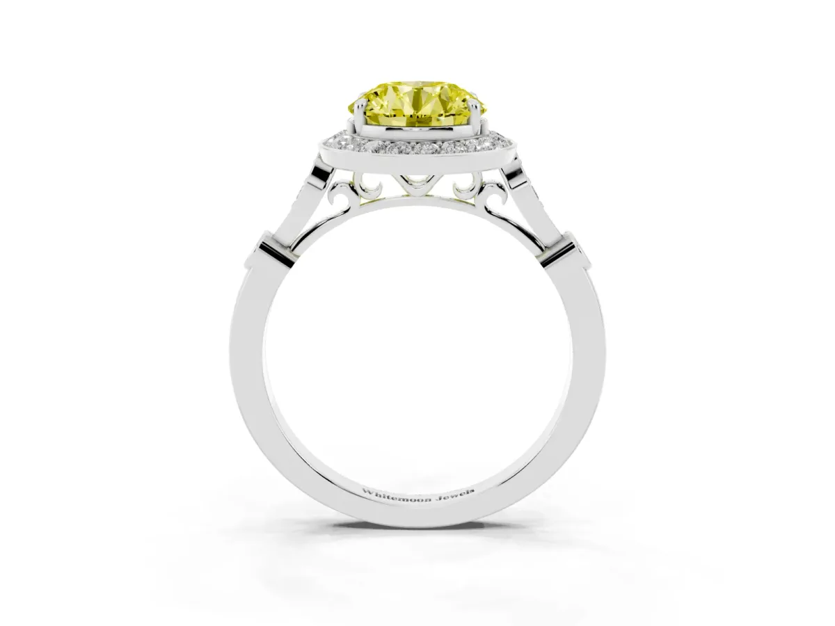 Fancy Yellow Round Cut Halo Diamond Engagement Ring with Twisted Band and Four-Prong Setting Platinum