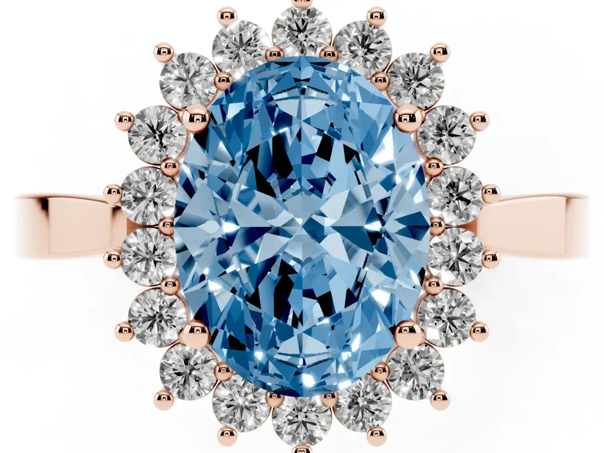 Fancy Blue Oval Cut Cut Diamond Halo Ring with Round Brilliant Halo and Solitaire Band Rose gold