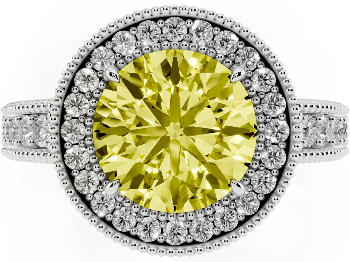 Fancy Yellow Round Cut Cut Halo Diamond Ring with Pavé Band and Four-Prong Setting Silver