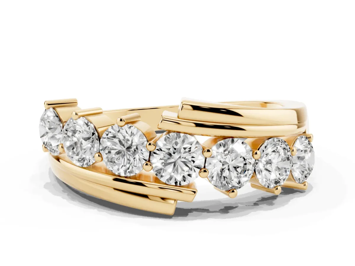 Round Diamond Wave Band with Channel and Shared Prong Setting Yellow gold