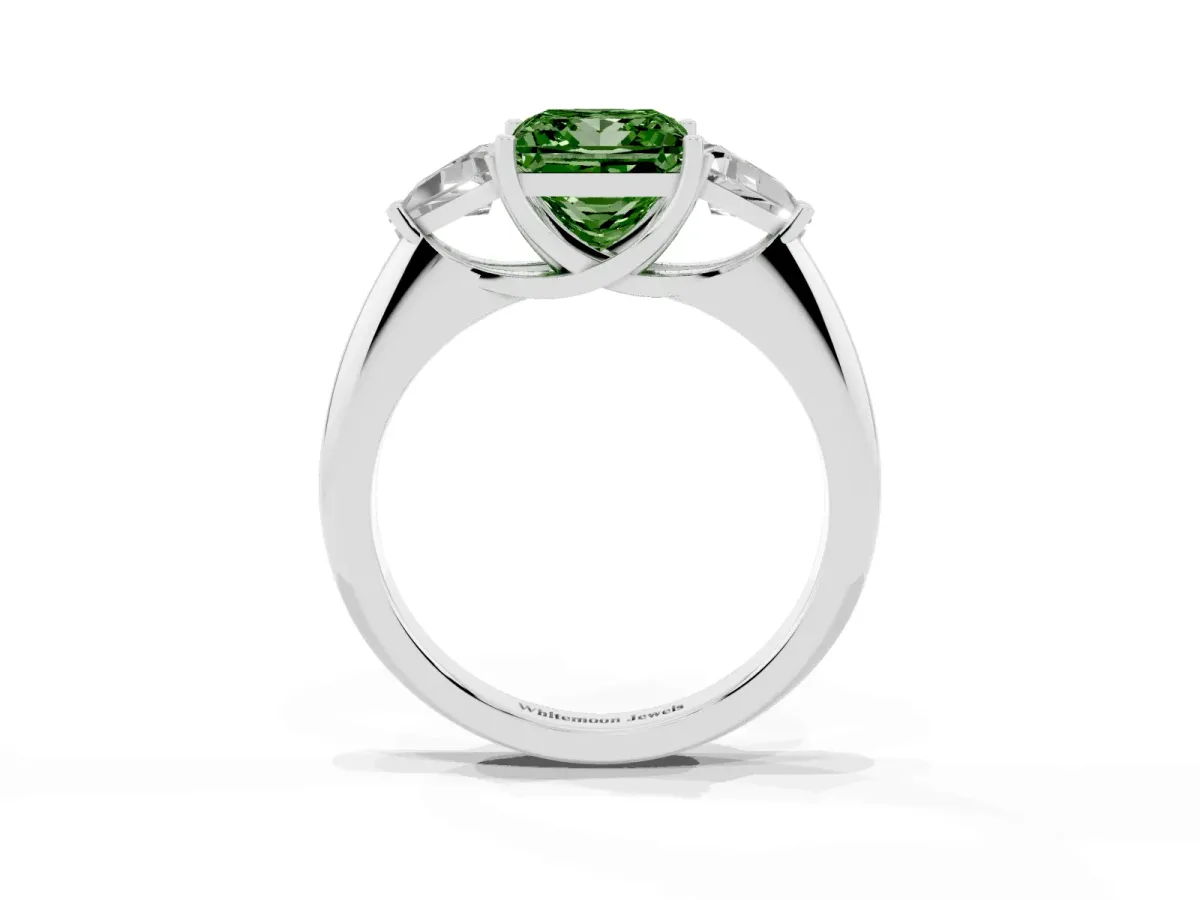 Fancy Green Three-Stone Princess Cut Diamond Engagement Ring with Trillion Side Stones and Prong Setting Platinum