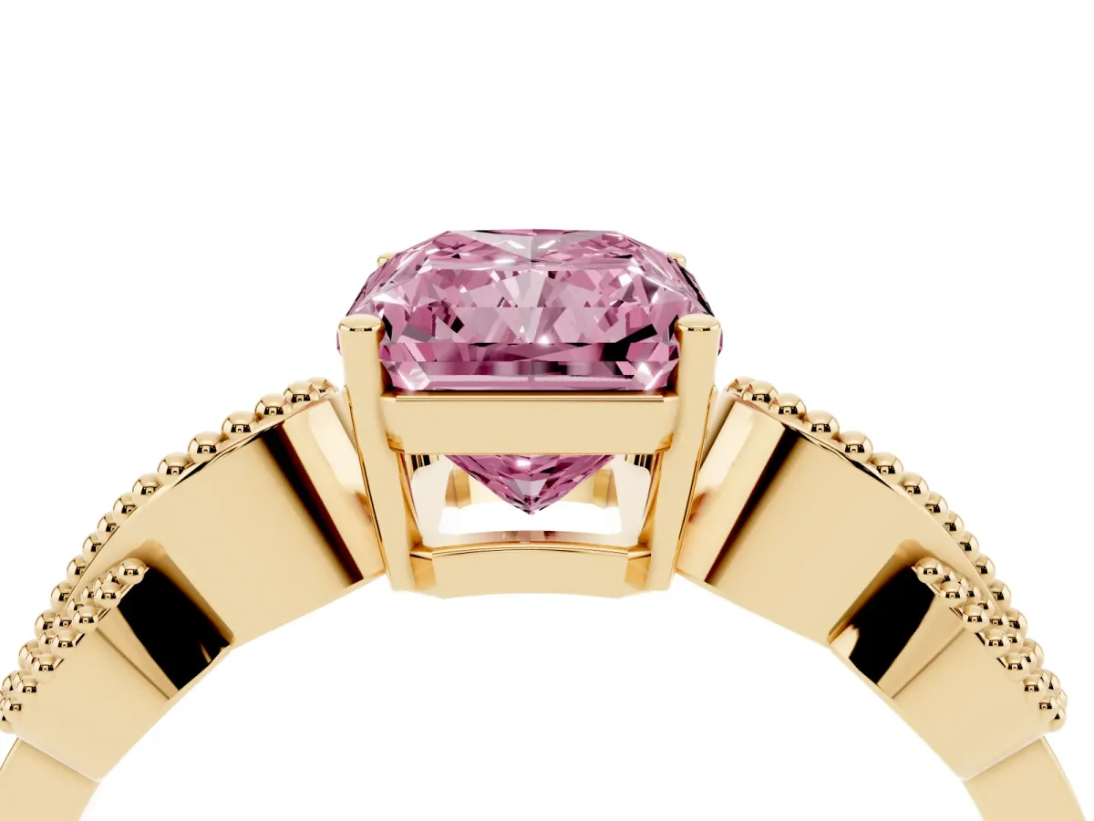 Fancy Pink Radiant Cut Solitaire Milgrain Leaf Band with Prong Setting Yellow gold