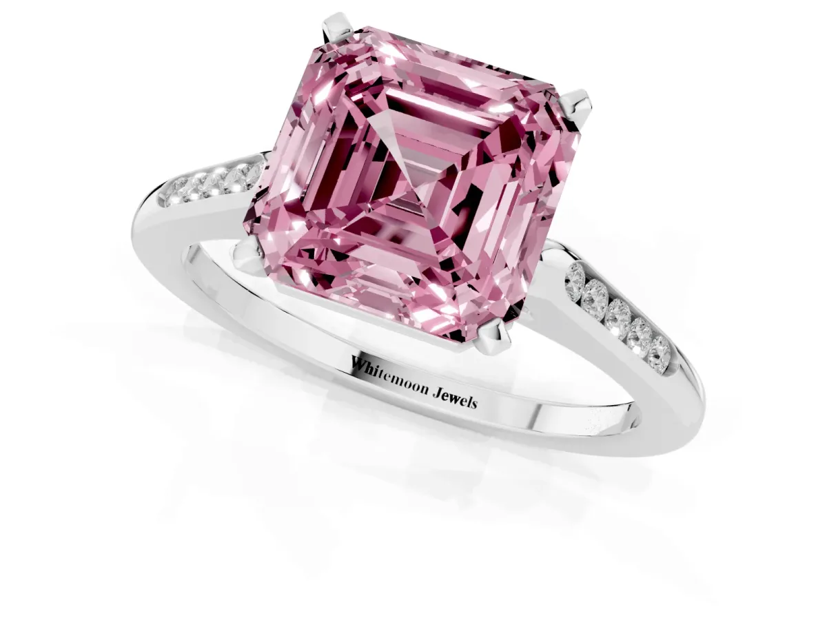 Fancy Pink Asscher Cut Diamond Solitaire Ring with Channel Set Round Band and Prong Setting Silver