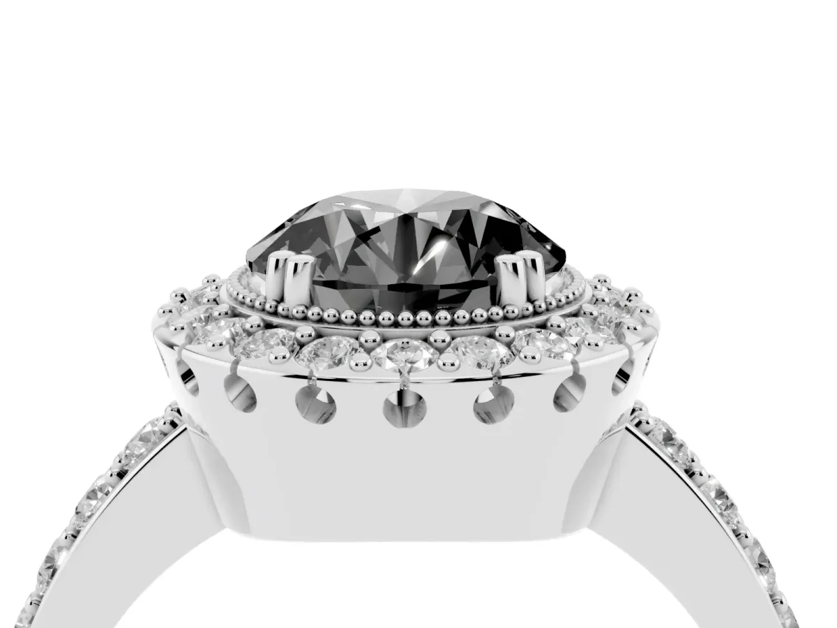 Fancy Black Round Cut Diamond Halo Ring with Pavé Band and Prong Setting Silver