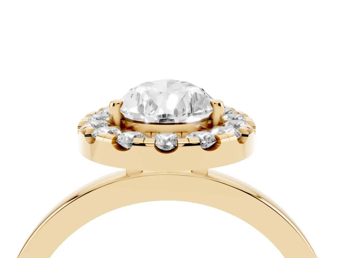 Pear Cut Halo Diamond Solitaire with Pavé Band and Four-Prong Setting Yellow gold