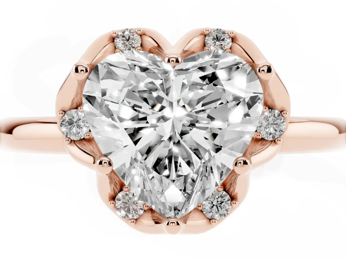 Heart Cut Halo Diamond Ring with Round Cluster Setting, Solitaire Band, and Four-Prong Setting Rose gold