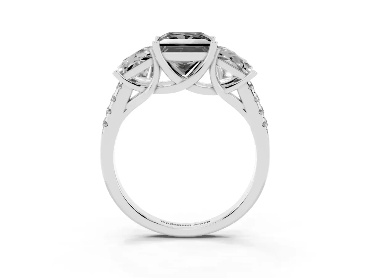 Fancy Black Three-Stone Princess Cut Diamond Ring with Round Pavé Band and Prong Setting Silver