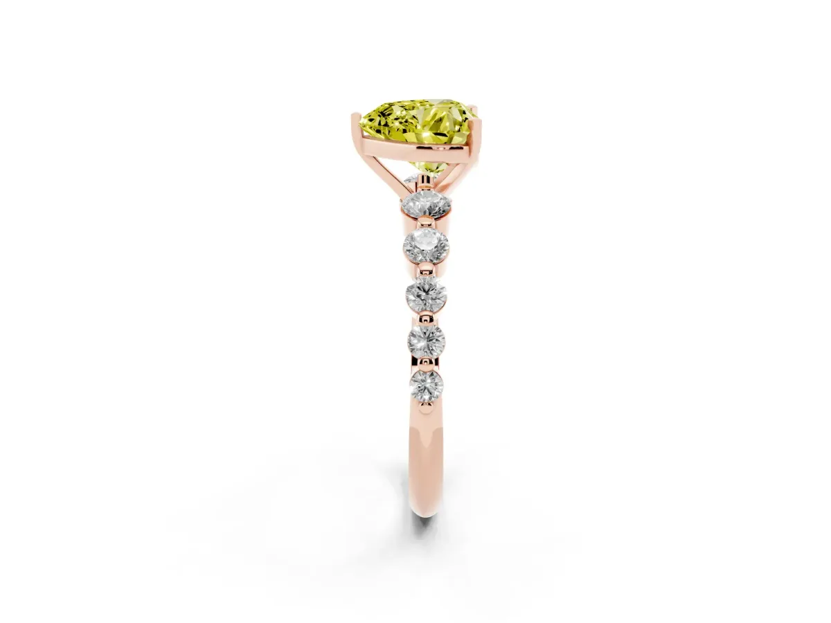 Fancy Yellow Heart Cut Solitaire Diamond Ring with Pave Band and Four-Prong Setting Rose gold