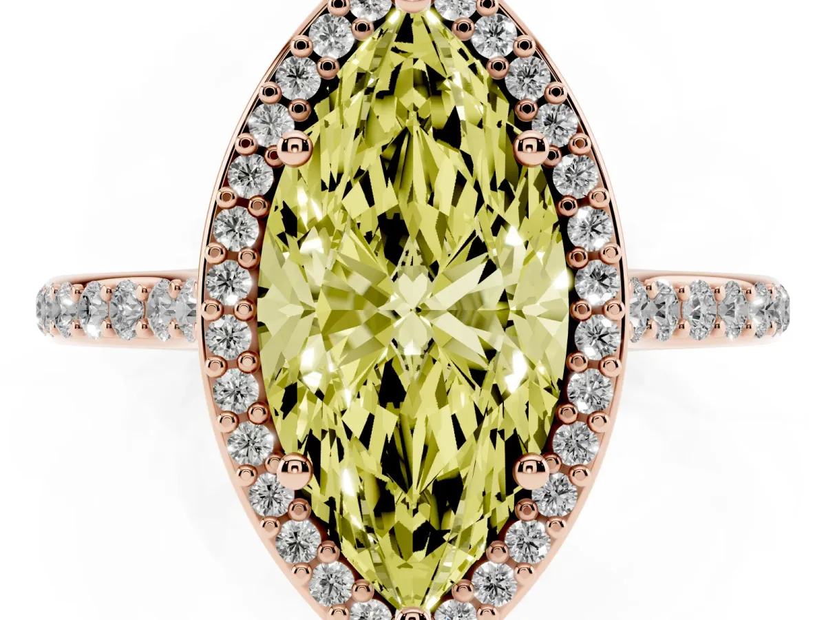 Fancy Yellow Marquise Cut Diamond Halo Engagement Ring with Round Pavé Shoulders and Prong Setting Rose gold