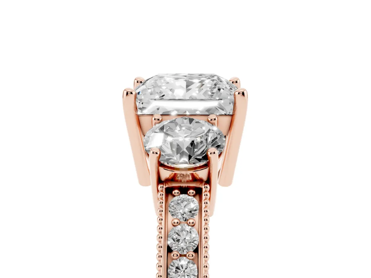 Princess Cut Three-Stone Diamond Ring with Pavé Band and Four-Prong Setting Rose gold