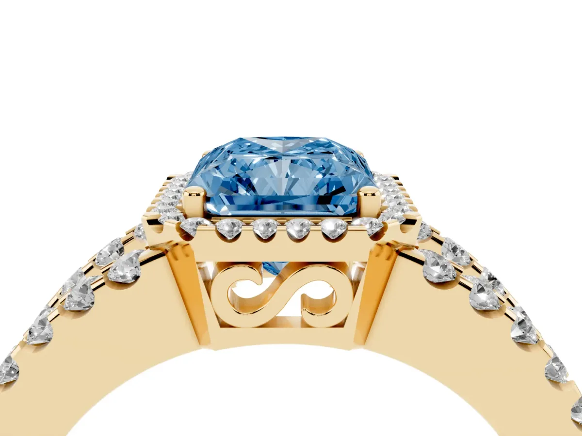 Fancy Blue Radiant Cut Cut Halo Split Shank Diamond Ring with Four-Prong Setting Yellow gold